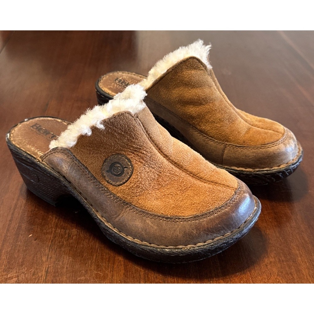 Børn Suede Shearling Slip-On Clogs Women's Size 7 / 38 Brown Fur Lined‎ Comfort